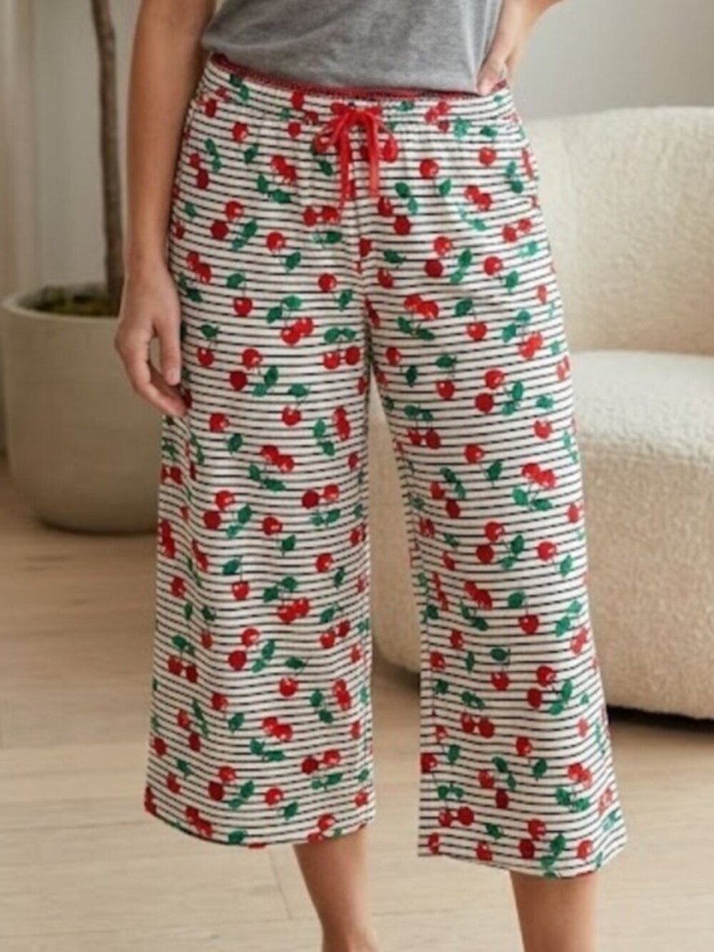 Jockey Cherry Print Striped Lounge Pants Pajama Bottoms Size S NWT